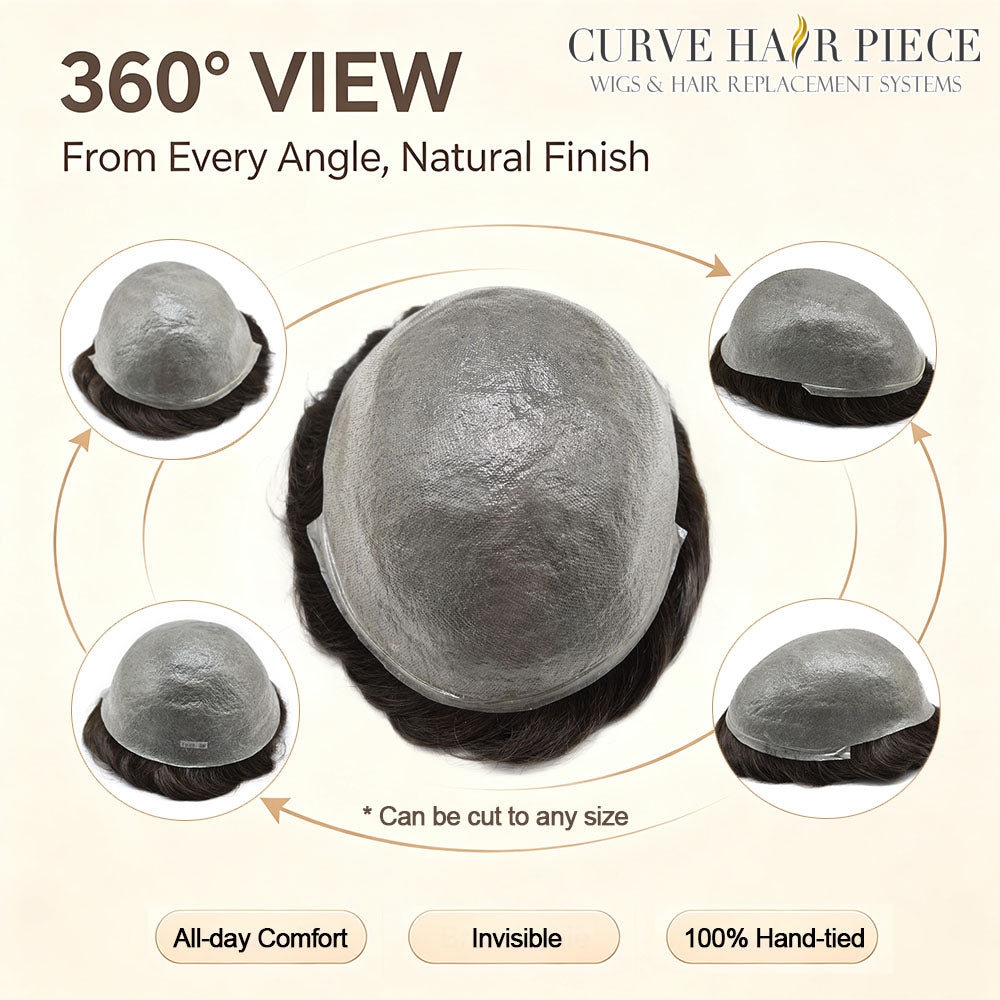 Ultra Thin Skin 0.06mm Mens Toupee Invisible Hair Replacement Thin Poly Hairpiece Natural Hairline Human Hair System Black Brown Blonde Gray V-Looped Wigs for Man