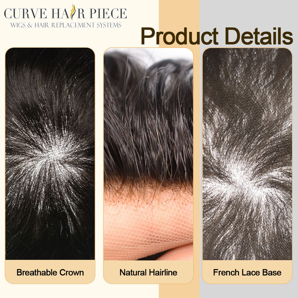 Curve Hair French Lace Front Mens Hair System Hand‑Tied Toupee For Men Undetectable Hairline Human Hairpiece