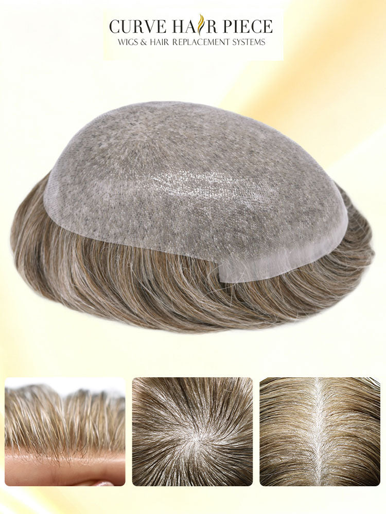 US Stock 0.08mm Thickness Full Thin Skin PU Human Hair System for Men V-Looped Knots Natural Hairline Toupee Mens Hairpieces