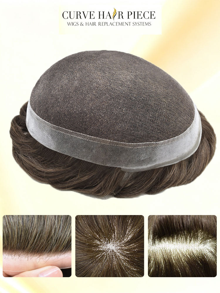 US Stock Men Hair System French Lace Center With Poly Skin Perimeter Human Hair Toupee, Invisible V Loop Knots Breathable Hairpiece | Fast USA Shipping