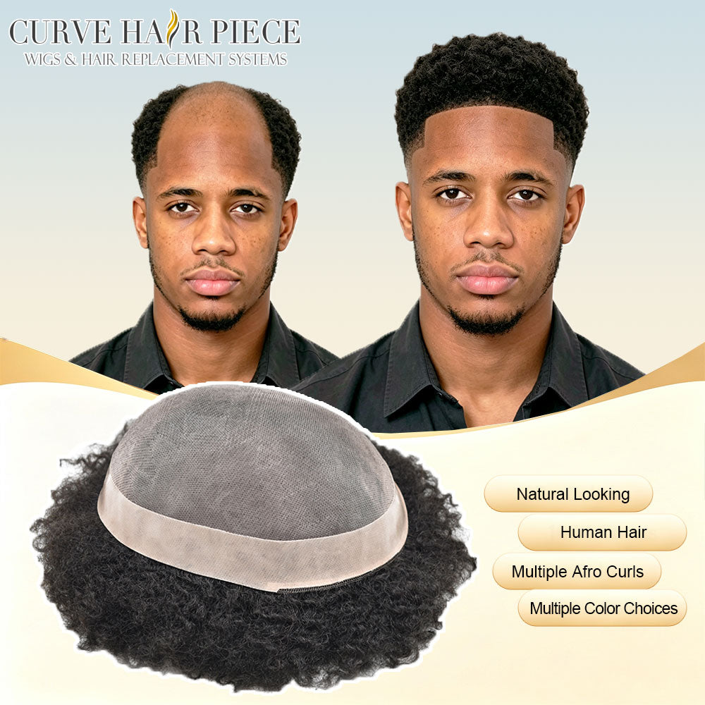 Afro Toupee for Black Men Fine Mono Lace Base 100% Real Human Hair Durable Mens Hair Replacement System Natural Afro Curly Hairpiece