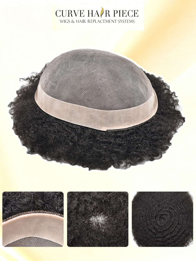Afro Toupee for Black Men Fine Mono Lace Base 100% Real Human Hair Durable Mens Hair Replacement System Natural Afro Curly Hairpiece