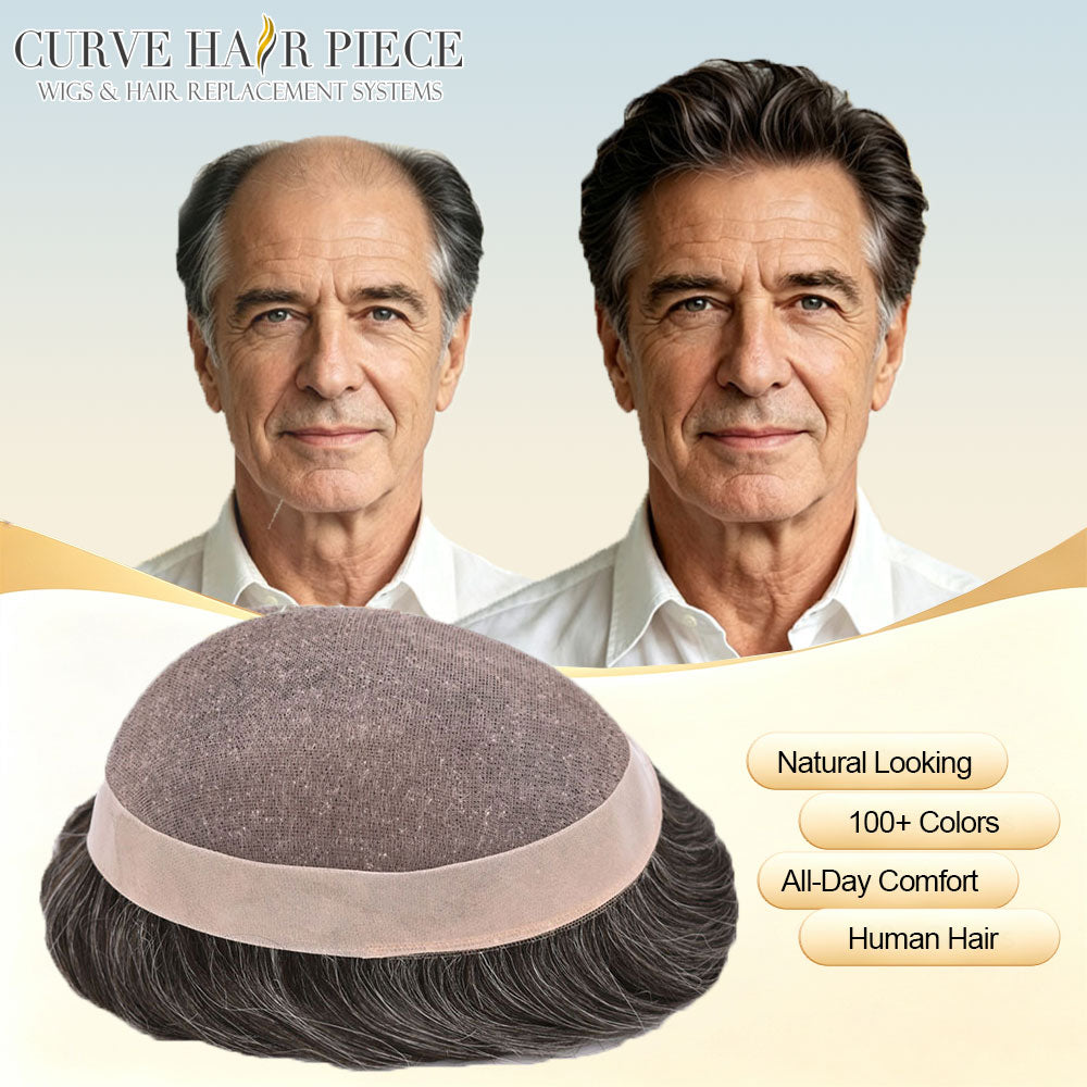 Toupee for Men Durable Fine Mono Mens Hair Replacement System Soft Human Hair Piece Poly Coated Around Hand Tied Mens Toupee Natural Looking Wigs