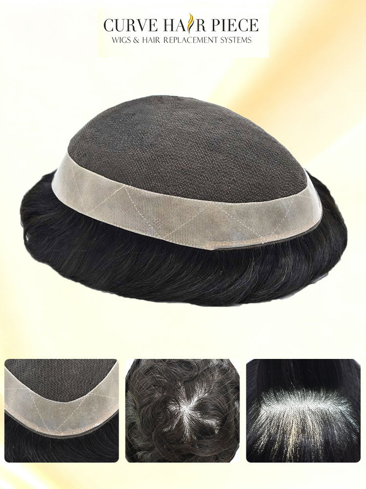 Toupee for Men Durable French Lace Mens Toupee Human Hair System Poly Skin Around Mens Wig Transparent Lace Hair Replacement System