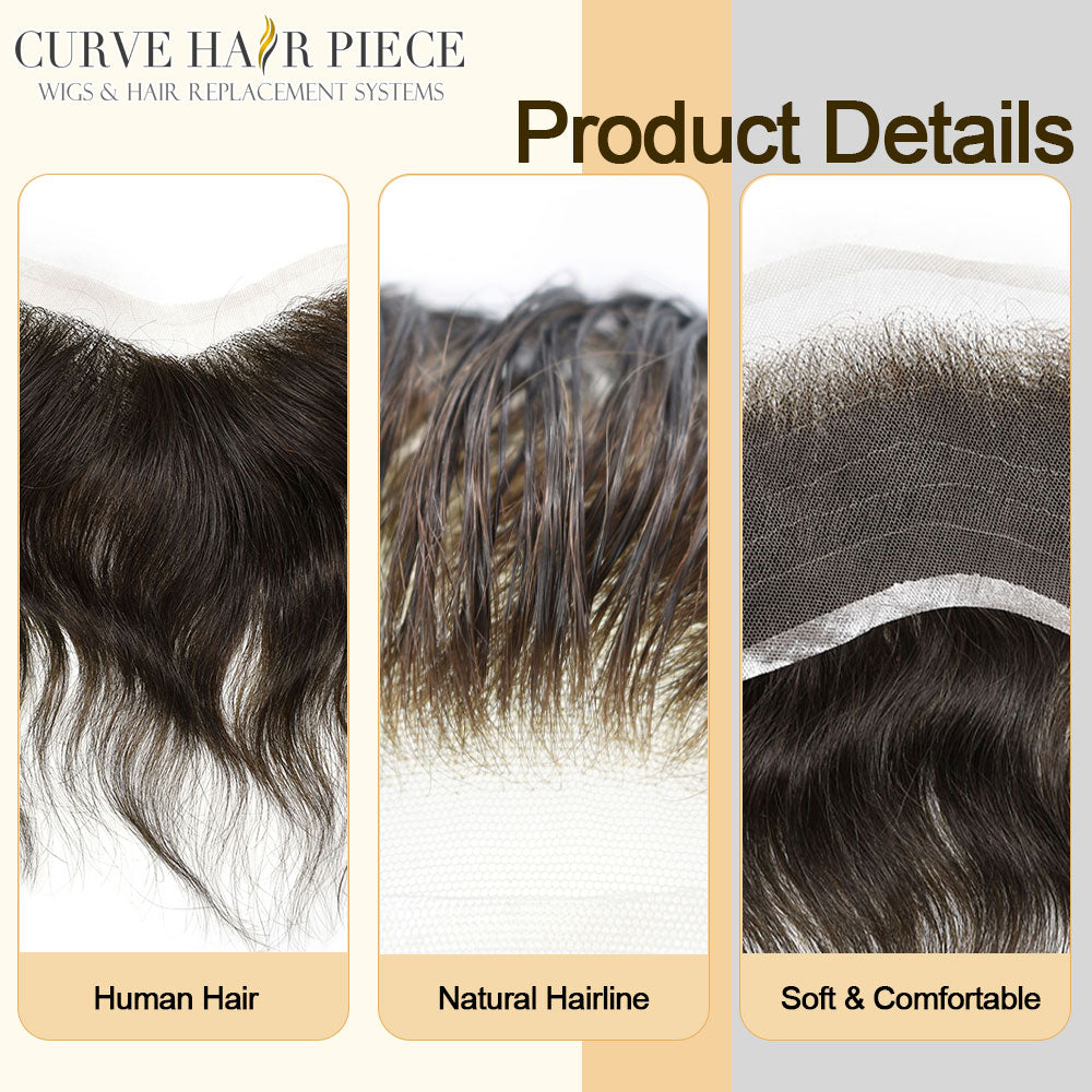 Swiss Lace Mens Topper V-Shape Frontal 18CM x 4CM Indian Remy Human Hair For Receding Hairline Front Hair Loss Stock Replacement System