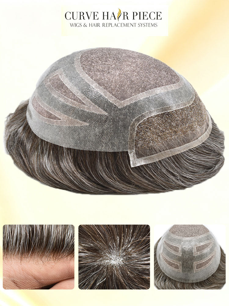 Fine Mono Poly Skin Toupee for Men with French Lace Front Natural Hairline Hair Replacement System