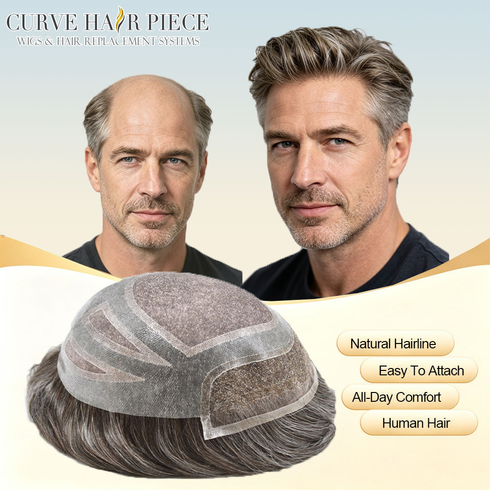 Fine Mono Poly Skin Toupee for Men with French Lace Front Natural Hairline Hair Replacement System