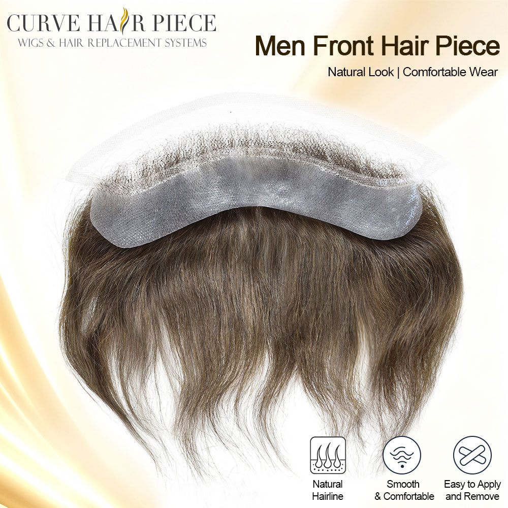 French Lace Mens Topper V- Shape Frontal Lace Front with PU Back 18CM x 4CM Indian Remy Human Hair For Receding Hairline Front Hair Loss Stock Replacement System