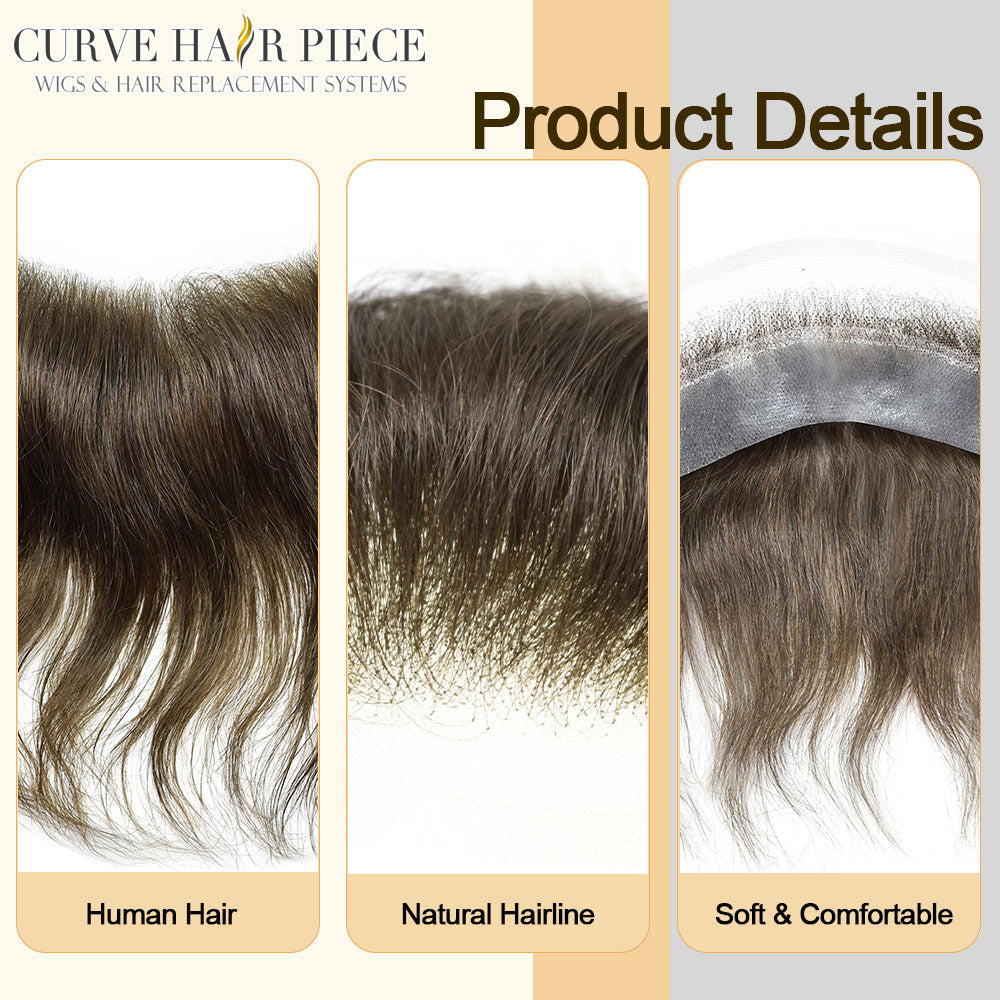 French Lace Mens Topper V- Shape Frontal Lace Front with PU Back 18CM x 4CM Indian Remy Human Hair For Receding Hairline Front Hair Loss Stock Replacement System