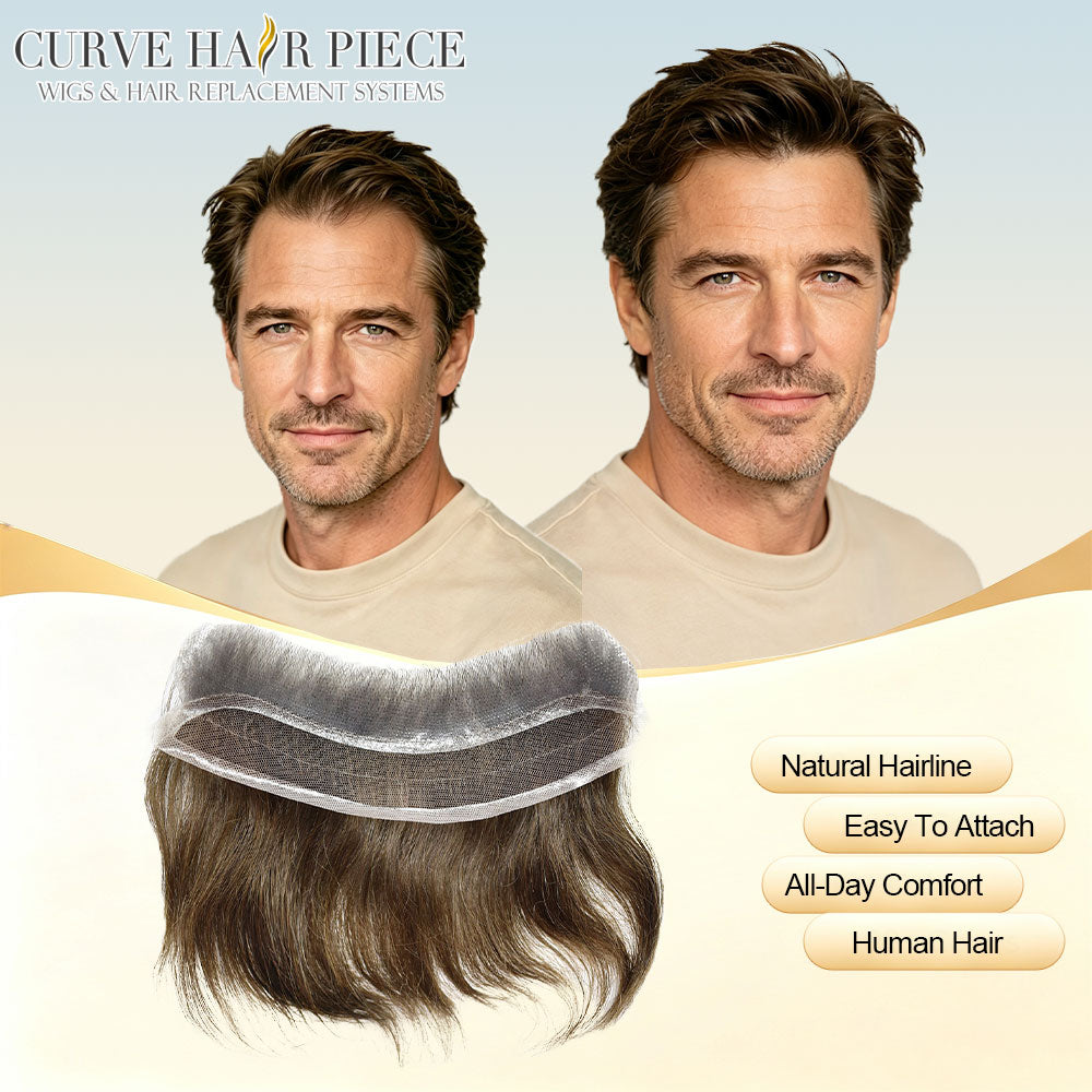 French Lace Mens Topper V- Shape Frontal Lace Front with PU Back 18CM x 4CM Indian Remy Human Hair For Receding Hairline Front Hair Loss Stock Replacement System