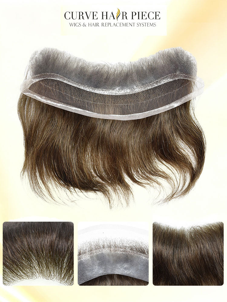 French Lace Mens Topper V- Shape Frontal Lace Front with PU Back 18CM x 4CM Indian Remy Human Hair For Receding Hairline Front Hair Loss Stock Replacement System