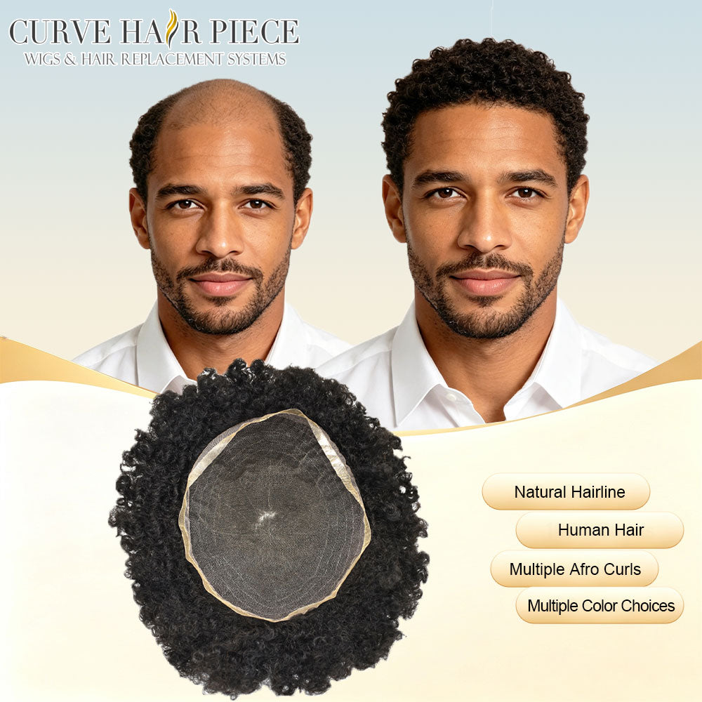 Afro Curl Toupee for Black Men Full Lace African American Gray Hair Replacement Systems Breathable All Transparent Lace Hairpiece Natural Hairline