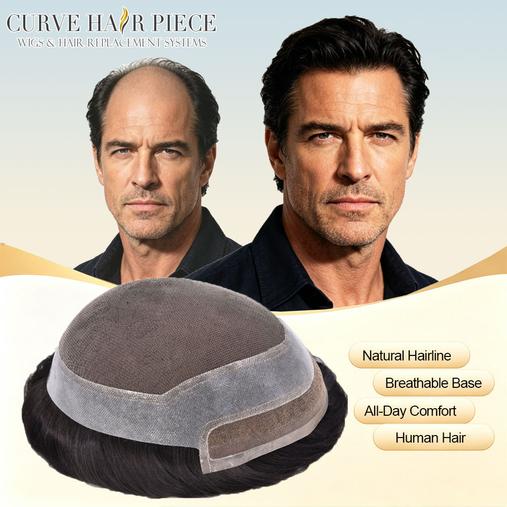 Curve Hair French Lace Front Mens Hair System Hand‑Tied Toupee For Men Undetectable Hairline Human Hairpiece