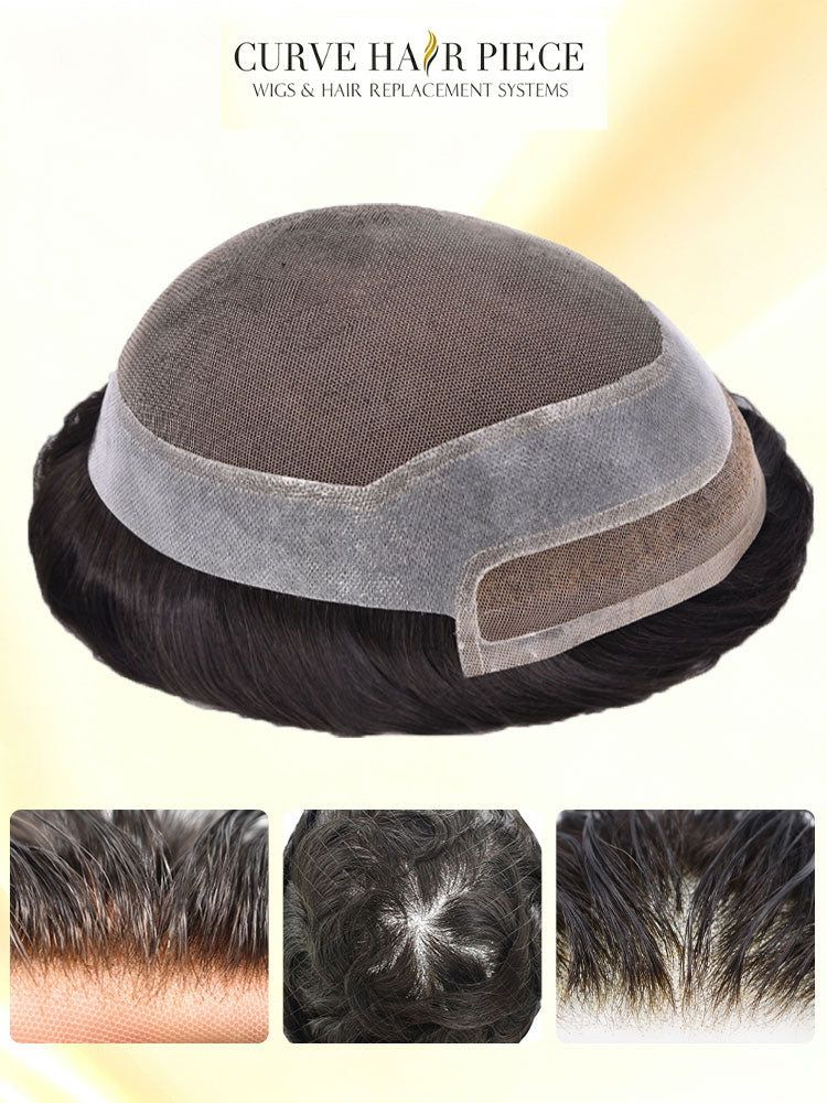 Curve Hair French Lace Front Mens Hair System Hand‑Tied Toupee For Men Undetectable Hairline Human Hairpiece
