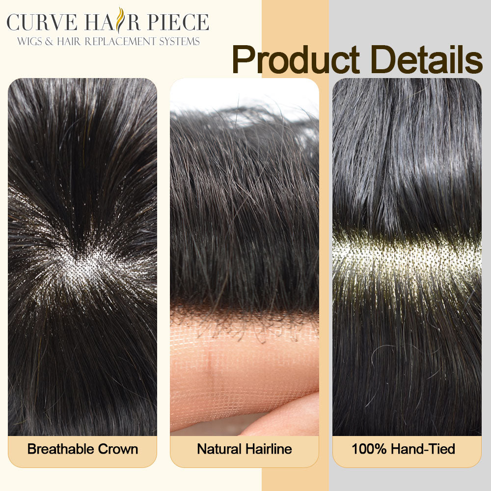 Curve Hair Toupee for Men Welded Lace Front Replacement Durable Mono Base Poly Skin Natural Hairline Hairpieces Natural Black Human Hair System