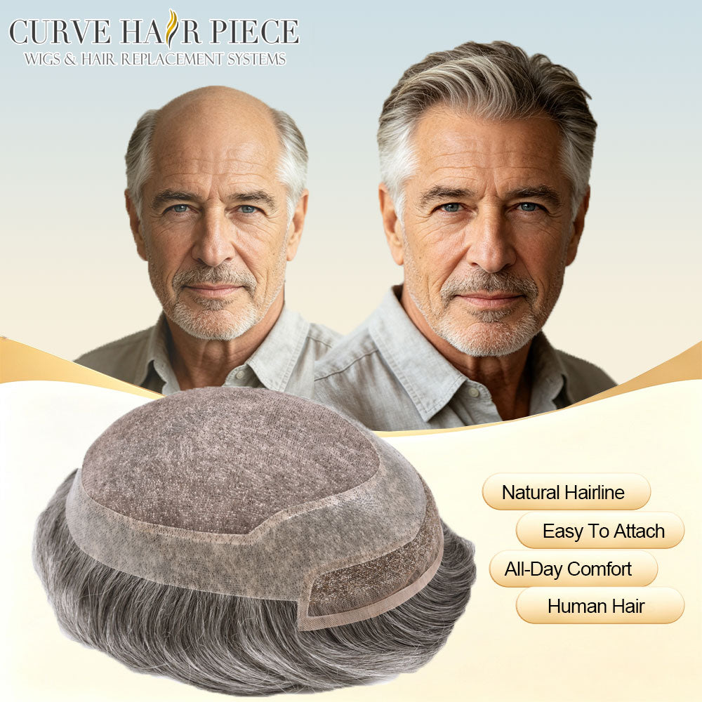 US Stock Men’s Human Hair Toupee Durable Fine Silk Monofilament Breathable Hair Replacement System For Daily & Salon Fast Domestic Shipping From USA Warehouse