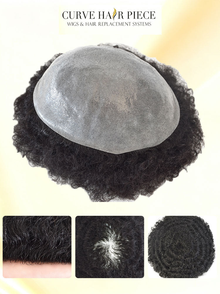 Hair Units for Black Men Thin Skin African American Men Full Poly Afro Curly Hair Units Wave Mens Hairpieces