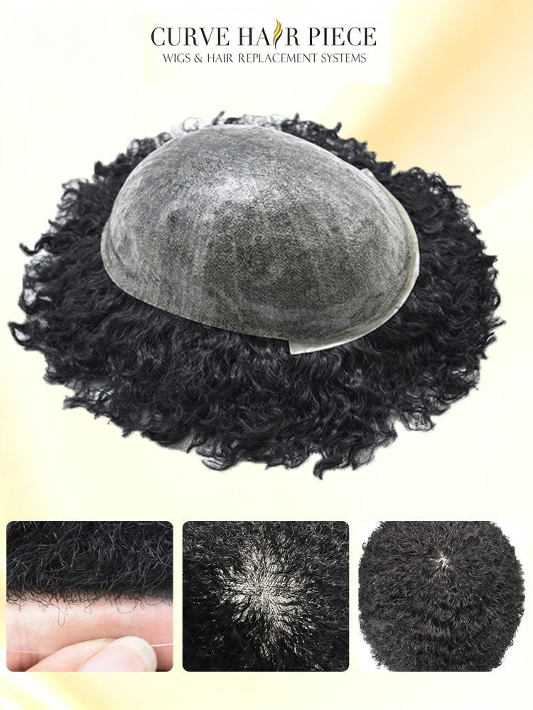 US Stock Afro Toupee for Black Men Full Injected PU Curly Hair Unit Kinky Curly Human Hair System Replacement