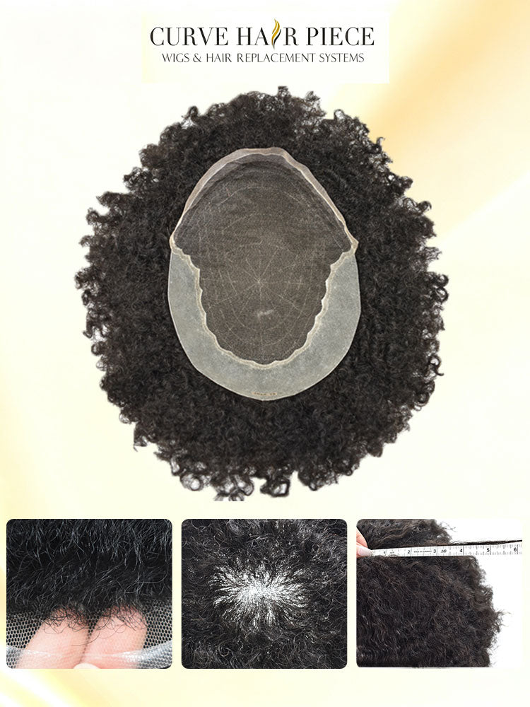 Afro Kink Curl Toupee for Black Men French Lace African American Human Hair Replacement Systems Breathable Hairpiece