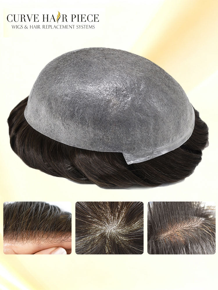Ultra Thin Skin 0.06mm Mens Toupee Invisible Hair Replacement Thin Poly Hairpiece Natural Hairline Human Hair System Black Brown Blonde Gray V-Looped Wigs for Man