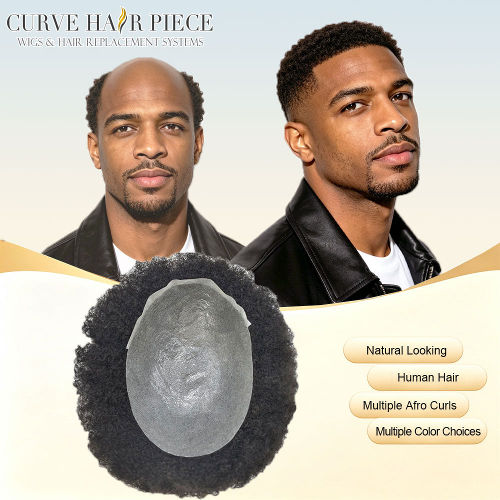 Afro Kinky Curly Toupee for Black Men Thin Skin Mens Toupee Human Hair Piece V-Looped PU Afro Curly African American Mens Hair Wig Units