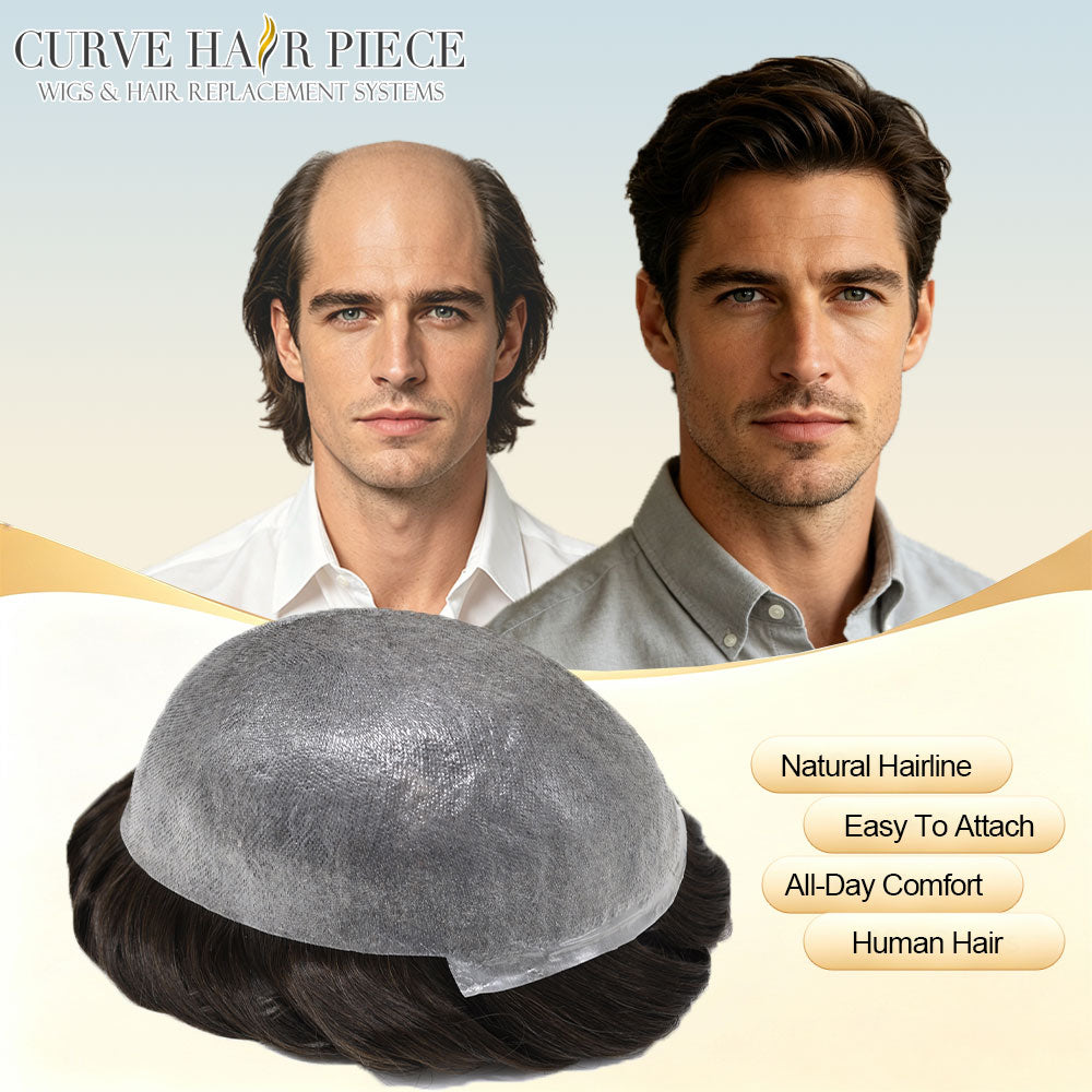 Ultra Thin Skin 0.06mm Mens Toupee Invisible Hair Replacement Thin Poly Hairpiece Natural Hairline Human Hair System Black Brown Blonde Gray V-Looped Wigs for Man