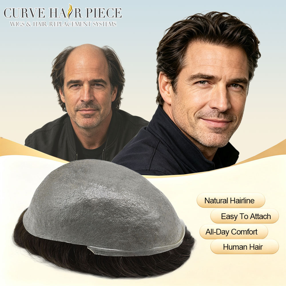 0.03mm Ultra Thin Skin Men's Toupee Invisible Hair Replacements Thin Poly Hairpiece Natural Hairline Human Hair System Black Brown Blonde Gray V-Looped Wigs for Man