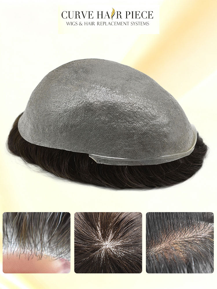 0.04mm Ultra Thin Skin Men's Toupee Invisible Hair Replacements Thin Poly Hairpiece Natural Hairline Human Hair System Black Brown Blonde Gray V-Looped Wigs for Man