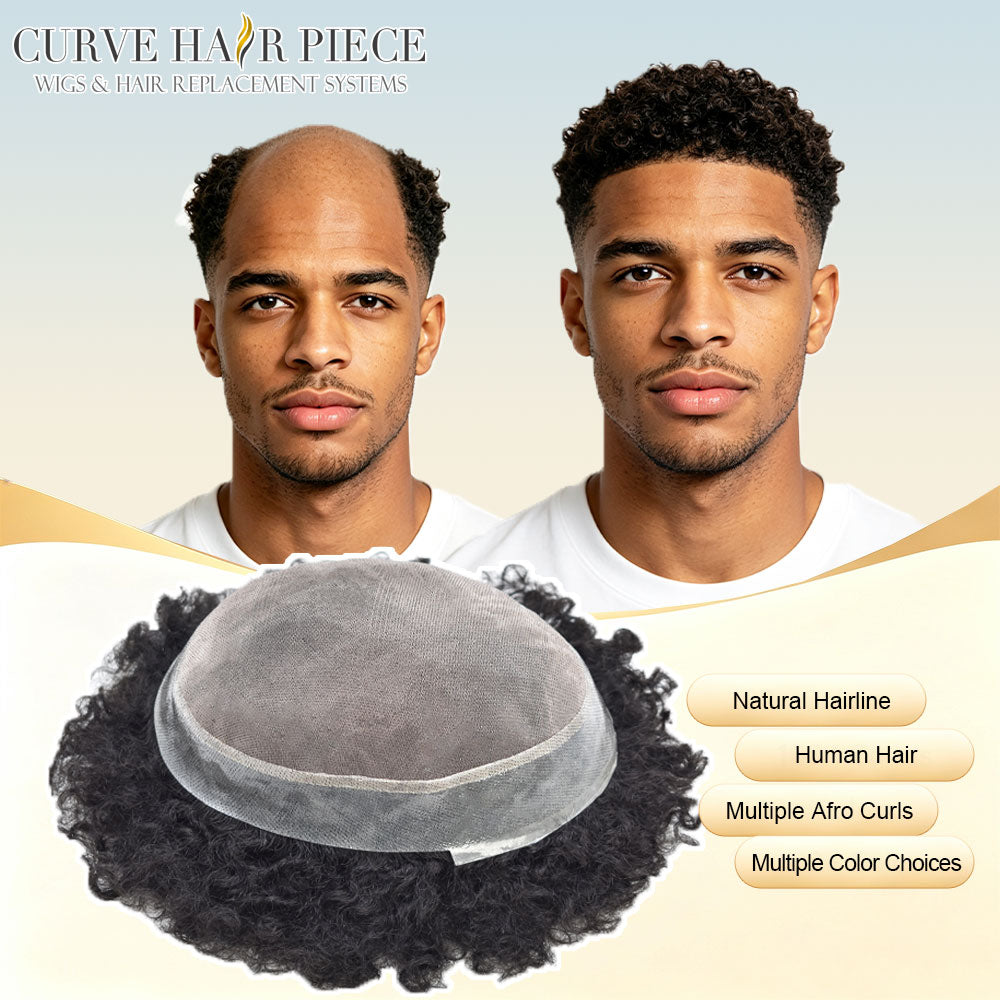 Curve Hair Units For Black Men Human Hair Replacement System Fine Mono Durable African American Mens Hairpiece