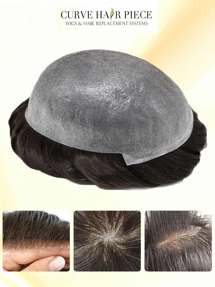 Ultra Thin Skin 0.06mm Mens Toupee Invisible Hair Replacement Thin Poly Hairpiece Natural Hairline Human Hair System Black Brown Blonde Gray V-Looped Wigs for Man
